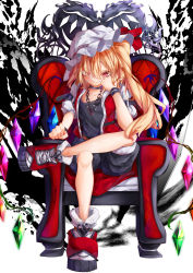Rule 34 | 1girl, absurdres, alternate costume, arm belt, black shirt, black shorts, blonde hair, blush, boots, bow, calpis118, chair, closed mouth, crystal, flandre scarlet, full body, hair between eyes, hair over one eye, hand on own cheek, hand on own face, hat, hat bow, highres, jacket, jewelry, leg support, light particles, long hair, looking at viewer, mob cap, necklace, on chair, one side up, puffy sleeves, rainbow order, red bow, red eyes, red footwear, red jacket, red vest, romper, shirt, short hair, shorts, side ponytail, sitting, smile, solo, touhou, vest, white hat, wings