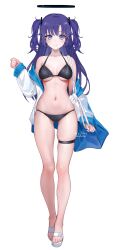 Rule 34 | 1girl, alternate costume, bikini, black bikini, blue archive, blue eyes, blue hair, blush, breasts, cleavage, closed mouth, full body, gluteal fold, halo, halterneck, highres, jacket, long hair, looking at viewer, mechanical halo, medium breasts, navel, off shoulder, open clothes, open jacket, parted bangs, rity, rope, sandals, simple background, skindentation, smile, solo, standing, stomach, swimsuit, thigh strap, twitter username, two side up, white background, white footwear, white jacket, yuuka (blue archive)
