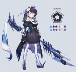 Rule 34 | 1girl, bad id, bad pixiv id, bare shoulders, black dress, black hair, boots, closed mouth, collarbone, dress, grey background, grey footwear, grey thighhighs, holding, holding weapon, horns, huge weapon, juliet sleeves, long sleeves, off-shoulder dress, off shoulder, original, pentagon (shape), pleated dress, puffy sleeves, purple eyes, short hair, single horn, sleeves past wrists, solo, spiked boots, standing, thigh boots, thighhighs, veil, weapon, yai (hachihito)