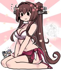 Rule 34 | 4girls, abyssal ship, arare (kancolle), bikini, blush, braid, breasts, brown hair, cleavage, eyewear on head, flower, flying sweatdrops, grey hair, hair flower, hair ornament, hair ribbon, hat, headgear, kantai collection, large breasts, long hair, multiple girls, ooshio (kancolle), ribbon, sandals, shaded face, simple background, single braid, sitting, smile, sunglasses, supply depot princess, swimsuit, terrajin, twintails, very long hair, white hair, yamato (kancolle)