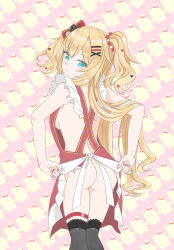 Rule 34 | 1girl, akai haato, apron, ass, blonde hair, blue eyes, bow, breasts, fingernails, fnokanata, from behind, hair ornament, heart, highres, hololive, legs together, long hair, looking at viewer, looking back, nail polish, naked apron, solo, standing, thighhighs, twintails, very long hair, virtual youtuber