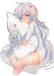 Rule 34 | 1girl, bandaged leg, bandages, blue eyes, blush, closed mouth, dress, girls&#039; frontline, hair between eyes, half-closed eyes, intravenous drip, long hair, looking at viewer, hugging object, peanutc, pillow, pillow hug, ribeyrolles (girls&#039; frontline), sidelocks, silver hair, simple background, sitting, solo, tearing up, very long hair, wavy hair, white background