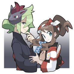 1boy 1girl black_kimono black_sash blue_eyes brown_hair character_mask clear_2758 creatures_(company) eyelashes game_freak green_eyes green_hair hairband hand_fan highres hilda_(pokemon) hilda_(summer_2022)_(pokemon) japanese_clothes kimono long_hair looking_at_viewer mask n_(pokemon) n_(summer_2022)_(pokemon) nintendo official_alternate_costume pokemon pokemon_masters_ex ponytail sash smile