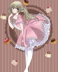 Rule 34 | 1girl, blue eyes, breasts, cake, cake slice, cherry, cleavage, collarbone, dessert, dress, feet out of frame, finger to mouth, food, frilled dress, frills, fruit, lolita fashion, looking at viewer, medium breasts, original, pantyhose, pink dress, standing, strawberry shortcake, striped, striped background, sweet lolita, tomoshibi (rokugatsu), twintails, vertical stripes, white pantyhose, wind, wind lift