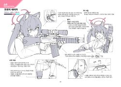 1girl absurdres animal_ears assault_rifle beretta_ar70/90 blue_archive character_sheet extra_ears flukhan gun halo highres holding holding_weapon korean_text pink_halo rifle serika_(blue_archive) weapon weapon_focus wolf_ears