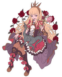 Rule 34 | 1girl, blonde hair, bow, brooch, cagliostro (granblue fantasy), capelet, cloak, dress, flower, frilled dress, frilled skirt, frills, granblue fantasy, headband, highres, holding, holding flower, hori airi, jewelry, long hair, open mouth, plant, red bow, red neckwear, rose, sitting, skirt, vines