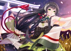 Rule 34 | 10s, 1girl, armpits, black hair, commentary request, detached sleeves, dress, furisode, green dress, green eyes, hane yoshiyumi, highres, japanese clothes, kantai collection, kimono, long hair, low-tied long hair, mizuho (kancolle), obi, open mouth, petals, sash, solo, torii, very long hair
