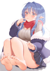 Rule 34 | 1girl, aqua eyes, aqua hair, barefoot, blush, breasts, cleavage, feet, finger to mouth, foot focus, foreshortening, highres, long hair, looking at viewer, off shoulder, pointy ears, scarf, see-through, see-through legwear, smile, soles, tagme, thighhighs, toes, white background