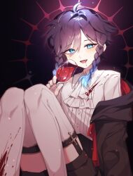 Rule 34 | 1boy, androgynous, ascot, black background, black hair, black jacket, black pants, blood, blood on clothes, blood on face, blood on leg, blue eyes, blue hair, braid, daln1m, fangs, genshin impact, highres, jacket, male focus, medium hair, multicolored background, multicolored hair, open mouth, pants, red background, shirt, solo, thighhighs, twin braids, vampire, venti (genshin impact), white ascot, white shirt, white thighhighs