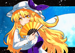 Rule 34 | 1girl, bad id, bad pixiv id, blonde hair, blue background, buttons, folding fan, food, hand fan, hat, hat ribbon, holding, holding food, long hair, long sleeves, looking at viewer, open mouth, purple ribbon, qqqrinkappp, ribbon, single strap, solo, touhou, traditional media, upper body, watatsuki no toyohime, white hat, yellow eyes