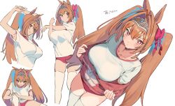 Rule 34 | 1girl, animal ears, bow, breasts, buruma, commentary request, daiwa scarlet (umamusume), gym uniform, hair between eyes, hair bow, horse ears, horse girl, jacket, large breasts, long hair, looking at viewer, multiple views, nonco, red bow, red buruma, red eyes, red hair, simple background, thighhighs, thighs, tiara, tracen training uniform, track jacket, translated, twintails, umamusume, white background, white thighhighs