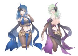 Rule 34 | 2girls, alternate costume, black bow, blue eyes, blue feathers, blue hair, bow, bracelet, breasts, bridal gauntlets, brown pantyhose, brown sleeves, byleth (female) (fire emblem), byleth (fire emblem), choker, cleavage, closed mouth, collarbone, cosplay, cropped legs, dancer, detached sleeves, dorothea arnault (cosplay), dorothea arnault (plegian), feather hair ornament, feathers, fire emblem, fire emblem: three houses, green eyes, green hair, hair between eyes, hair bow, hair ornament, highres, jewelry, long hair, long sleeves, medium breasts, moja (rainpoow), multiple girls, nintendo, pantyhose, plegian, purple feathers, simple background, smile, solo, standing, white background