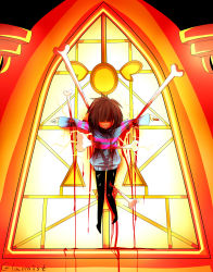 Rule 34 | absurdres, androgynous, artist name, blood, blood from mouth, blood on clothes, bone, brown hair, church, frisk (undertale), full body, gender request, glamist, head down, hidden eyes, highres, impaled, indoors, pantyhose, solo, spoilers, stained glass, striped clothes, striped sweater, sweater, torn clothes, undertale, window