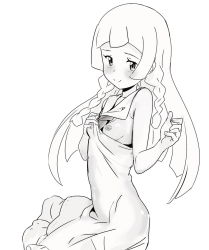 Rule 34 | 1girl, bad id, bad pixiv id, blush, braid, breasts, closed mouth, clothes pull, creatures (company), dress, dress pull, game freak, greyscale, hands up, lillie (pokemon), long hair, looking at viewer, monochrome, nintendo, nipples, ontaros, pokemon, pokemon sm, pulling own clothes, simple background, sitting, small breasts, smile, solo, sundress, white background
