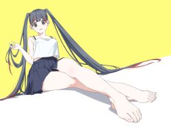 Rule 34 | 1girl, bare shoulders, barefoot, blush, camisole, crossed legs, foreshortening, grey eyes, grey hair, highres, long hair, looking at viewer, multicolored hair, original, osakana (osakanagazoubot), red hair, sitting, skirt, smile, solo, streaked hair, toes, twintails, two-tone hair, very long hair