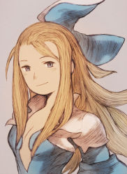 Rule 34 | 1girl, blonde hair, bow, bravely default: flying fairy, bravely default (series), breasts, cleavage, closed mouth, commentary request, dress, edea lee, gloves, hair bow, long hair, looking at viewer, maeka (kumaekake), simple background, smile, solo