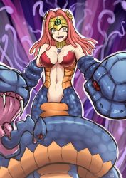 Rule 34 | 1girl, :d, aura, breasts, cleavage, cosplay, fangs, finalcake, forehead jewel, hair ornament, hairclip, jewelry, lamia, looking at viewer, medium hair, monster girl, navel, necklace, open mouth, purple background, red eyes, red hair, scales, sketch, slit pupils, smile, snake, snake hair, solo, tail, teeth, vennominaga the deity of poisonous snakes, vennominaga the deity of poisonous snakes (cosplay), yellow eyes, yu-gi-oh!