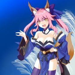 Rule 34 | 10s, 1girl, animal ears, bare shoulders, blue thighhighs, bow, breasts, cleavage, collar, detached sleeves, fang, fate/extra, fate (series), fox ears, fox tail, hair bow, hair ribbon, hand on own hip, japanese clothes, large breasts, m/, obi, open mouth, pink hair, ribbon, robina, sash, smile, solo, tail, tamamo (fate), tamamo no mae (fate/extra), thighhighs, twintails, yellow eyes