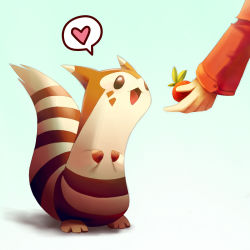 Rule 34 | animal focus, black eyes, blue background, blush, creatures (company), disembodied hand, facial mark, food, fruit, full body, furret, game freak, gen 2 pokemon, gradient background, hands up, happy, heart, holding, holding food, holding fruit, light blush, long sleeves, looking up, lowres, nintendo, open mouth, pokemon, pokemon (creature), ribero, simple background, smile, solo focus, speech bubble, spoken heart, standing, strawberry, whisker markings