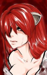 Rule 34 | 1girl, artist request, closed mouth, collarbone, crying, elfen lied, horns, long hair, looking at viewer, lucy (elfen lied), red background, red eyes, red hair, simple background, solo
