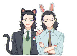 Rule 34 | 2boys, animal ears, animification, badge, black hair, black jacket, blue shirt, brown necktie, button badge, cat ears, cat tail, closed eyes, closed mouth, collared shirt, commentary, crossed arms, dual persona, fake animal ears, fake tail, forehead, green eyes, green necktie, green vest, half-closed eyes, hand on another&#039;s shoulder, hand up, jacket, jitome, lapels, loki (disney+), loki (marvel), long sleeves, looking at viewer, looking to the side, male focus, marvel, marvel cinematic universe, medium hair, multiple boys, murdermuffinloki, necktie, open clothes, open jacket, open mouth, rabbit ears, sanpaku, shirt, side-by-side, simple background, sleeves past elbows, smile, standing, sweatdrop, symbol-only commentary, tail, tie clip, tongue, torn clothes, upper body, vest, white background, white shirt