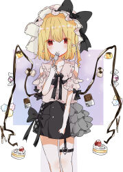 Rule 34 | 1girl, alternate costume, alternate wings, bare shoulders, black bow, black bowtie, black skirt, blonde hair, blush, bow, bowtie, buttons, candy, center frills, checkerboard cookie, chocolate, chocolate bar, closed mouth, collarbone, cookie, cowboy shot, flandre scarlet, food, fork, frilled sleeves, frills, hair between eyes, hat, hat bow, heart, highres, holding, holding fork, looking at viewer, medium hair, mob cap, name connection, nishiki1225, object namesake, pocky, pointy ears, pudding, puffy short sleeves, puffy sleeves, red eyes, shirt, short sleeves, simple background, skirt, sleeve bow, solo, thigh strap, touhou, whipped cream, white background, white hat, white shirt, wings, wrapped candy