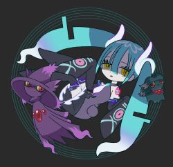 Rule 34 | 1girl, black thighhighs, blue hair, colored sclera, creatures (company), detached sleeves, eyelashes, floating, full body, game freak, gen 2 pokemon, gen 4 pokemon, ghost miku (project voltage), grey background, hair between eyes, hatsune miku, highres, looking at viewer, misdreavus, mismagius, necktie, nintendo, pokemon, pokemon (creature), project voltage, purple shirt, red eyes, shirt, sleeves past fingers, sleeves past wrists, smile, thighhighs, twintails, ty929, vocaloid, white necktie, yellow eyes, yellow sclera