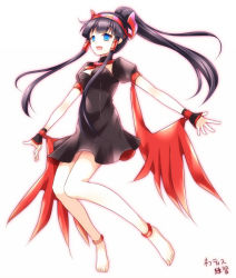 Rule 34 | 1girl, :d, anklet, bad id, bad pixiv id, bare legs, barefoot, black dress, black hair, blue eyes, chisa, dress, feet, full body, hair tubes, hairband, high ponytail, jewelry, long hair, necklace, nephthys (p&amp;d), open mouth, ponytail, puffy short sleeves, puffy sleeves, puzzle &amp; dragons, short dress, short sleeves, sidelocks, simple background, smile, solo, white background