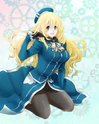 Rule 34 | 10s, 1girl, atago (kancolle), beret, black gloves, blonde hair, breasts, gloves, green eyes, hand in own hair, hat, highres, jacket, kantai collection, large breasts, long hair, military, military uniform, open mouth, pantyhose, sitting, skirt, smile, solo, uniform, waka (negronoir), wariza