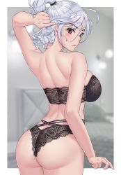 Rule 34 | 1girl, ahoge, arm up, ass, bare arms, bare shoulders, bed, blurry, blurry background, blush, bra, breasts, butt crack, curly hair, floral print, grabbing, hair between eyes, hair tie, hand in own hair, himeliofon, lace, lace bra, lace panties, lamp, large breasts, lipstick, looking at viewer, looking back, makeup, mole, mole on ass, multiple straps, original, outside border, panties, ponytail, red eyes, skindentation, solo, strapless, strapless bra, underwear, white hair