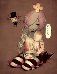 Rule 34 | 1girl, bandages, bare shoulders, bat (animal), boots, bowl, colored skin, cross, eating, food, green skin, hair over one eye, monster girl, noodles, open mouth, original, purple hair, red eyes, seiza, short hair, sitting, striped clothes, striped thighhighs, thighhighs, tomohaka-chan, yokoyari mengo, zettai ryouiki, zombie