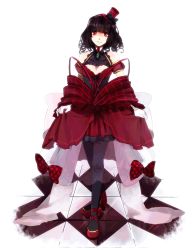Rule 34 | 1girl, armlet, bad id, bad pixiv id, bare shoulders, black hair, black pantyhose, bracelet, checkered floor, clothes lift, crossed legs, curly hair, detached collar, dress, floor, gem, hairband, hat, highres, jewelry, light smile, neckerchief, original, pantyhose, plaid, red eyes, red footwear, red ribbon, ribbon, shoes, short hair, simple background, skirt, skirt lift, sofy, solo, standing, watson cross