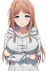 Rule 34 | 1girl, absurdres, bang dream!, bang dream! it&#039;s mygo!!!!!, blue eyes, blue hoodie, breasts, brown hair, commentary, highres, hood, hood down, hoodie, large breasts, long hair, long sleeves, nagasaki soyo, noshimurin, parted lips, sidelocks, simple background, solo, upper body, white background