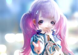 Rule 34 | 1girl, blue eyes, blurry, comitia 105, commentary request, depth of field, hair ornament, hairclip, highres, jacket, long hair, looking at viewer, original, pink hair, shiratsuyu mone, smile, solo, twintails, upper body, v