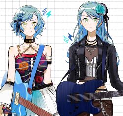 Rule 34 | 2girls, aqua hair, bang dream!, bare shoulders, black choker, black jacket, black pants, black ribbon, blue bow, blue flower, blue rose, blue skirt, bow, braid, chain, chain necklace, choker, closed mouth, collarbone, commentary, cowboy shot, crop top, cropped jacket, detached sleeves, earrings, electric guitar, floral print, flower, frilled sleeves, frills, green eyes, grid background, guitar, hair bow, hair flower, hair ornament, hair ribbon, highres, hikawa hina, hikawa sayo, holding, holding instrument, idol, idol clothes, instrument, jacket, jewelry, long hair, long sleeves, looking at viewer, multiple girls, necklace, pants, ribbon, rose, see-through, see-through shirt, short hair, siblings, single sidelock, skirt, smile, twins, white background, wide sleeves, zihacheol
