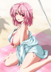 Rule 34 | 1girl, :d, bare arms, bare legs, bare shoulders, barefoot, between legs, bikini, bikini pull, blush, breasts, cleavage, clothes pull, day, dutch angle, eyebrows, hand between legs, highres, large breasts, looking at viewer, navel, nori tamago, nose blush, open mouth, outdoors, pink eyes, pink hair, pulling own clothes, ribbon, saigyouji yuyuko, sand, shade, shiny skin, short hair, side-tie bikini bottom, sideboob, sitting, smile, solo, strap gap, swimsuit, thighs, touhou, towel, wariza