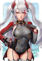 Rule 34 | 1girl, artist name, azur lane, black leotard, blue sky, breasts, closed mouth, commentary, cowboy shot, cross, day, english commentary, expressionless, eyelashes, garter straps, gloves, grey gloves, grey hair, grey thighhighs, hair between eyes, hand on own hip, hand up, headgear, highres, iron cross, large breasts, leotard, lips, long hair, long sleeves, looking at viewer, military, military uniform, mole, mole on breast, multicolored hair, nose, ocean, orange eyes, photoshop (medium), prinz eugen (azur lane), red gloves, red hair, revision, sciamano240, sideboob, sidelocks, sky, solo, standing, streaked hair, swept bangs, taut clothes, thighhighs, two side up, uniform, very long hair