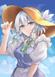 Rule 34 | 1girl, blue eyes, braid, brown hat, closed mouth, commentary request, corrupted twitter file, gradient sky, grey hair, hat, highres, izayoi sakuya, looking at viewer, maid, medium hair, mouryou (chimimouryou), outdoors, short sleeves, side braids, sky, smile, solo, touhou, twin braids, upper body, yellow hat