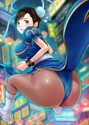 Rule 34 | 1girl, artist request, ass, ass focus, blush, boots, bracelet, breasts, brown hair, bun cover, capcom, china dress, chinese clothes, chun-li, double bun, dress, embarrassed, from behind, from below, hair bun, highres, hip attack, huge ass, jewelry, large breasts, looking at viewer, looking back, pantyhose, parted lips, shiny clothes, short hair, sideboob, solo, spiked bracelet, spikes, street fighter, takapin