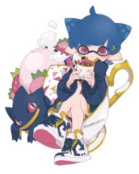 Rule 34 | 1girl, animal ears, banette, blue hair, blue jacket, blue shorts, closed mouth, creatures (company), cup, food, fruit, full body, game freak, gen 3 pokemon, highres, holding, holding cup, inkling, inkling girl, inkling player character, jacket, knees together feet apart, long sleeves, looking at viewer, matsushita (matsudbox), nintendo, pillow, pink eyes, pointy ears, poke ball, pokemon, pokemon (creature), shoes, short hair, short shorts, shorts, sitting, smoke, splatoon (series), strawberry, teacup, twitter username, white footwear