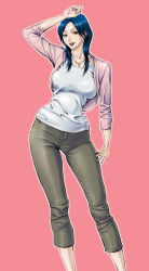 Rule 34 | 1girl, black hair, breasts, brown eyes, capri pants, cardigan, contrapposto, daigo, earrings, highres, jewelry, large breasts, lipstick, long hair, makeup, mature female, nail polish, narrow waist, necklace, non-web source, open cardigan, open clothes, open mouth, original, pants, shirt, simple background, smile, solo, standing, taut clothes, taut shirt