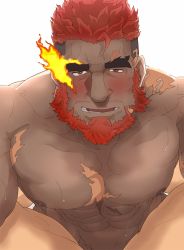 Rule 34 | 2boys, abs, absurdres, bara, beard, blush, completely nude, dark-skinned male, dark skin, facial hair, flaming eye, hephaestus (housamo), highres, implied anal, implied sex, interracial, large pectorals, male focus, mature male, multiple boys, muscular, muscular male, nipples, nude, pectorals, pov, pov crotch, red eyes, scar, scar on chest, short hair, shumeru hito (a sumerian0112), spread legs, stomach, sweat, thick eyebrows, tokyo houkago summoners, white background, yaoi