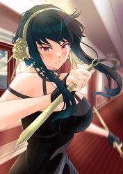 Rule 34 | 1girl, absurdres, black dress, black hair, breasts, cleavage, closed mouth, collarbone, commentary, commentary request, dagger, dress, english commentary, flower, hairband, hallway, highres, holding, holding knife, indoors, knife, large breasts, looking at viewer, medium hair, meisaki, mixed-language commentary, red eyes, sleeveless, sleeveless dress, solo, spy x family, star (symbol), star in eye, stiletto (weapon), symbol in eye, weapon, yellow flower, yellow hairband, yor briar