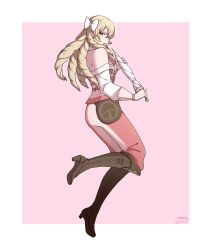 Rule 34 | 1girl, blonde hair, boots, bow, brown footwear, capelet, drill hair, fire emblem, fire emblem awakening, from side, full body, hair between eyes, hair bow, highres, holding, holding umbrella, long hair, long sleeves, looking at viewer, maribelle (fire emblem), merylemons, nintendo, open mouth, solo, umbrella, white bow