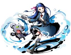 Rule 34 | 1girl, :d, black footwear, black socks, blue dress, blue hair, boots, braid, brown eyes, divine gate, dress, floating hair, frilled dress, frills, full body, hair ribbon, highres, holding, knee boots, kneehighs, long hair, looking at viewer, necktie, open mouth, red necktie, red ribbon, ribbon, shadow, simple background, smile, socks, solo, ucmm, very long hair, white background