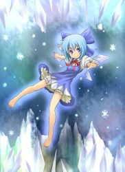 Rule 34 | 1girl, bad id, bad pixiv id, barefoot, bloomers, blue eyes, blue hair, blush, bow, cirno, hair bow, highres, ice, kats, legs, matching hair/eyes, ribbon, smile, snow, snowing, solo, embodiment of scarlet devil, touhou, underwear, wings