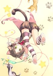 Rule 34 | 1girl, ahoge, animal, animal ears, arms up, asymmetrical legwear, black shorts, black vest, blush, blush stickers, brown hair, cat, cat ears, cat girl, cat tail, cat teaser, closed mouth, commentary request, green eyes, highres, holding, kuga tsukasa, no shoes, original, paw print, paw print soles, puffy shorts, shirt, short hair, short shorts, shorts, sleeveless, sleeveless shirt, smile, soles, solo, star (symbol), striped clothes, striped legwear, striped thighhighs, tail, thighhighs, thighhighs pull, uneven legwear, upside-down, vest, white shirt, wrist cuffs