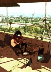 Rule 34 | 1boy, acoustic guitar, balcony, barefoot, black cat, black hair, bottle, building, cable, camera, cat, chair, chimney, cityscape, day, drawer, guitar, instrument, male focus, original, scarf, scenery, shoes, unworn shoes, sitting, sky, solo, tire, yuroy kawano