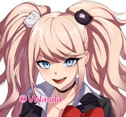 Rule 34 | 1girl, :d, black choker, black jacket, blonde hair, blue eyes, blush, bow, choker, danganronpa: trigger happy havoc, danganronpa (series), enoshima junko, hair ornament, highres, jacket, looking at viewer, open mouth, red bow, simple background, smile, solo, twintails, ulrich (tagaragakuin), white background