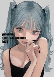 Rule 34 | 1girl, 2024, aqua hair, artist name, bare shoulders, black nails, black shirt, breasts, cleavage, closed mouth, cover, eyelashes, fingernails, grey background, grey eyes, hand up, highres, jewelry, long fingernails, long hair, looking at viewer, mole, mole under eye, nail polish, necklace, original, shirt, simple background, sleeveless, sleeveless shirt, small breasts, solo, spaghetti strap, twintails, upper body, yudouhu (yudouhu yu 102)